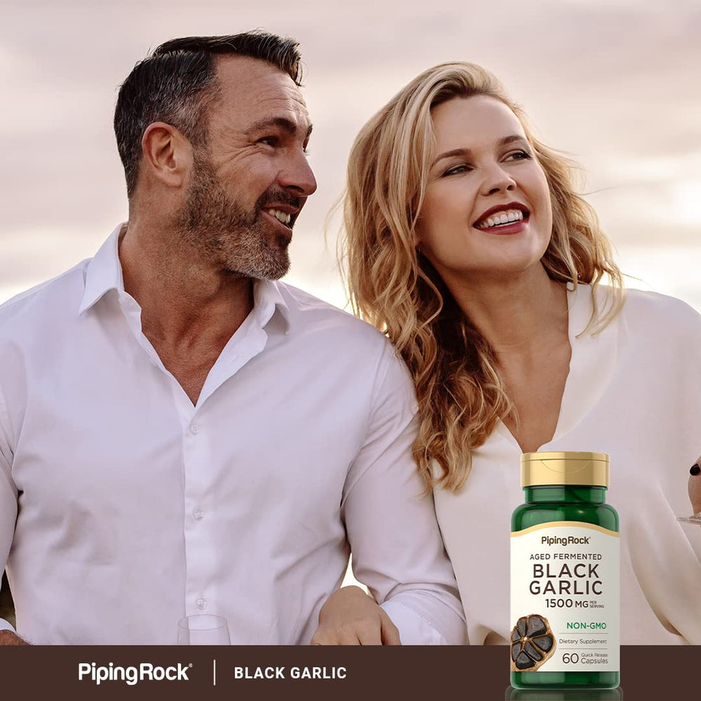 Piping Rock Black Garlic Capsules packaging with non-GMO and gluten-free claims.