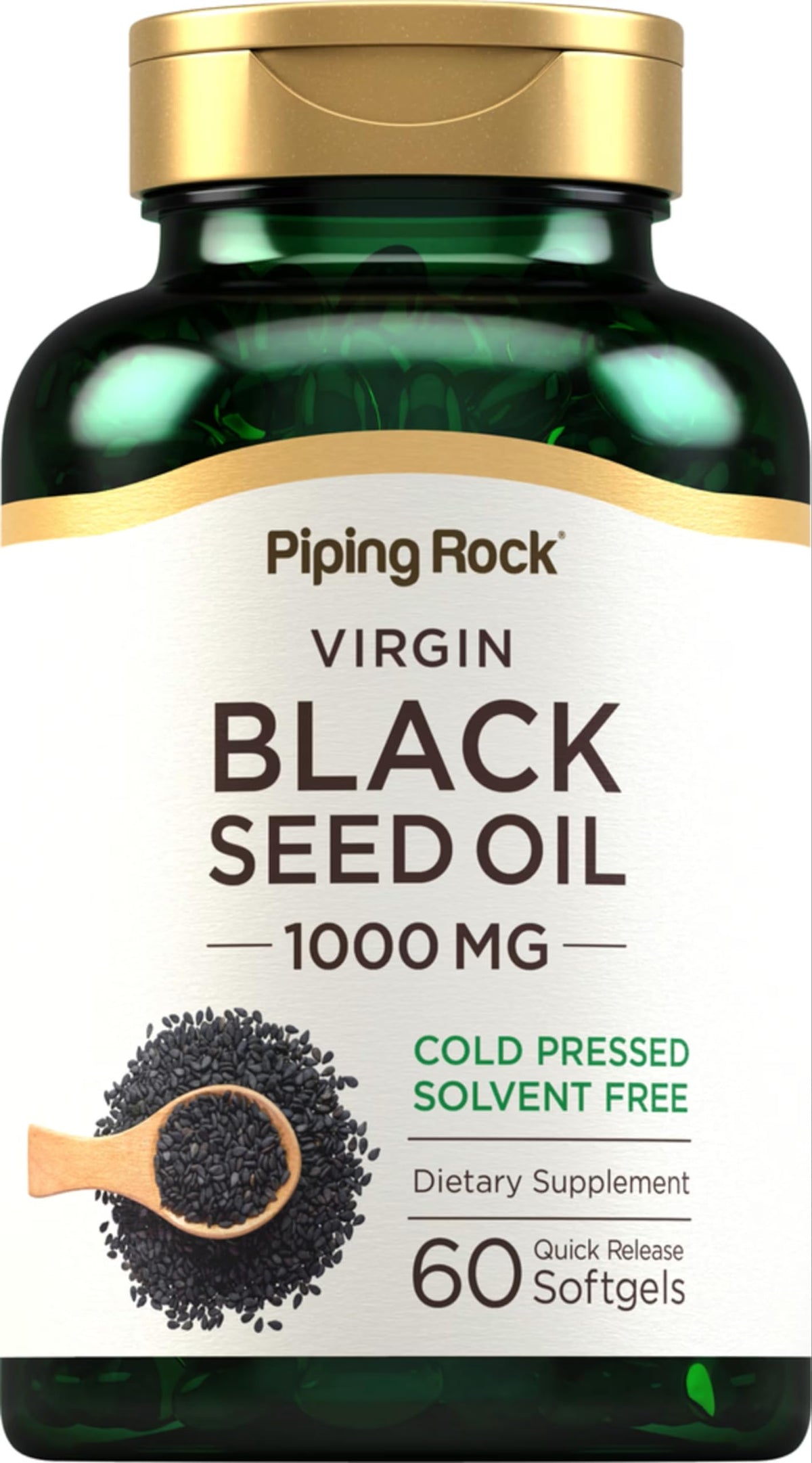 Piping Rock black seed oil softgel bottle with 1000 mg capsules for daily wellness