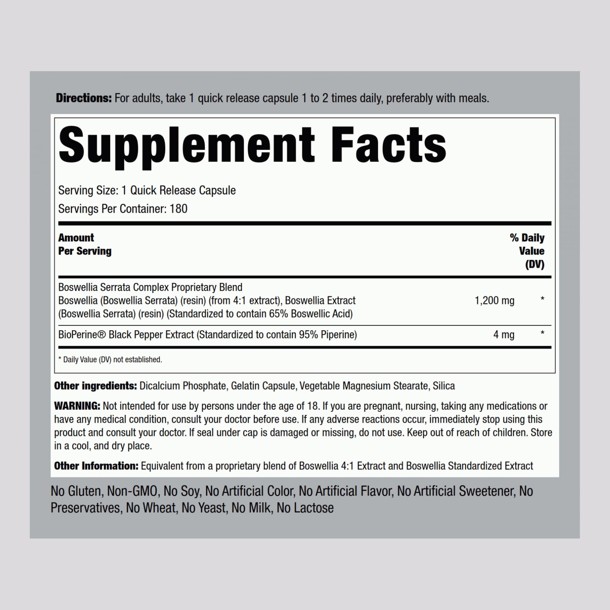 Piping Rock Boswellia Outer Box showcasing potency and standardized blend