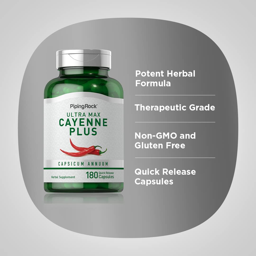 Piping Rock Cayenne Capsules label highlighting non-GMO and gluten-free features