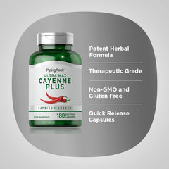 Piping Rock Cayenne Capsules label highlighting non-GMO and gluten-free features