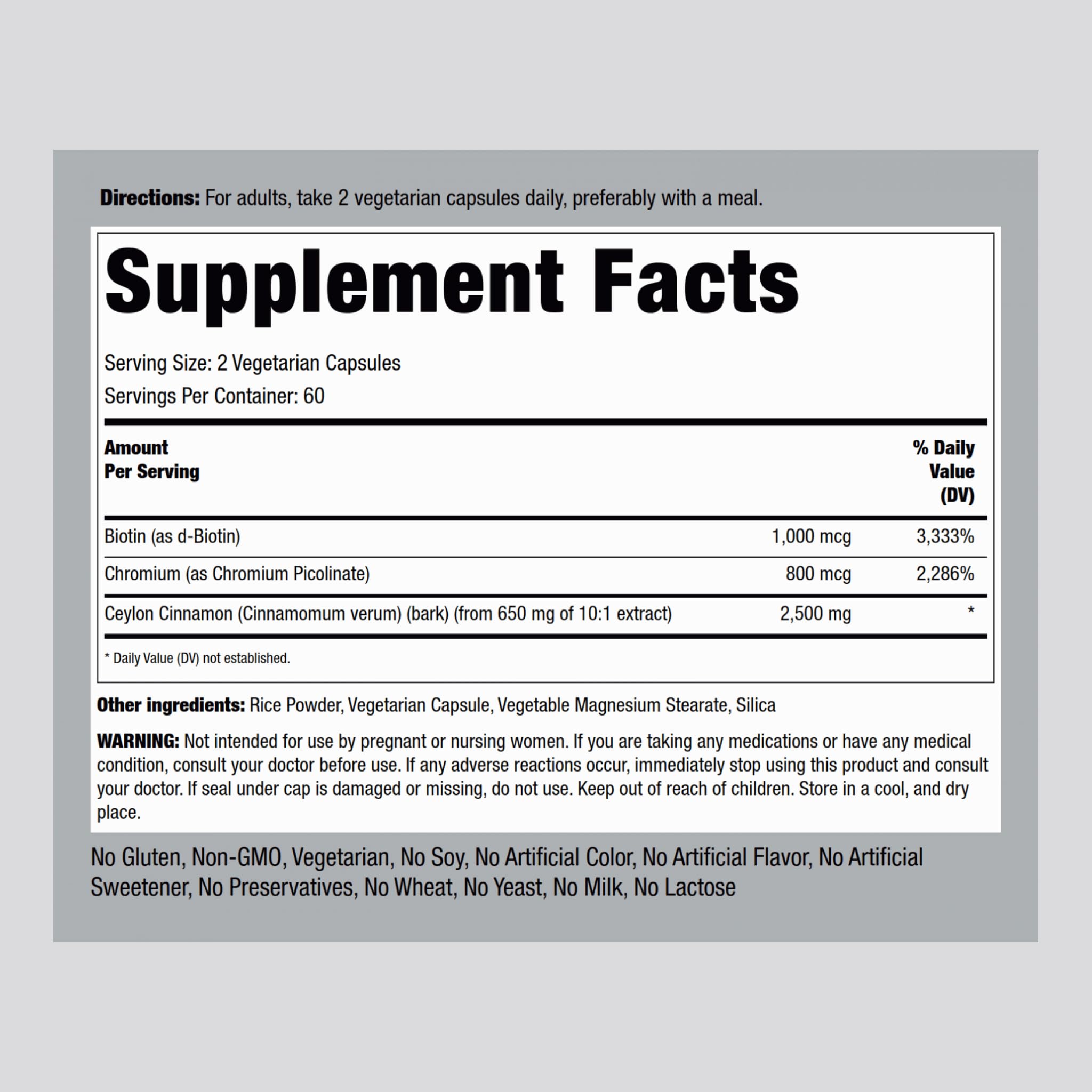 Piping Rock Ceylon Cinnamon capsules bottle close-up highlighting convenient daily capsules.