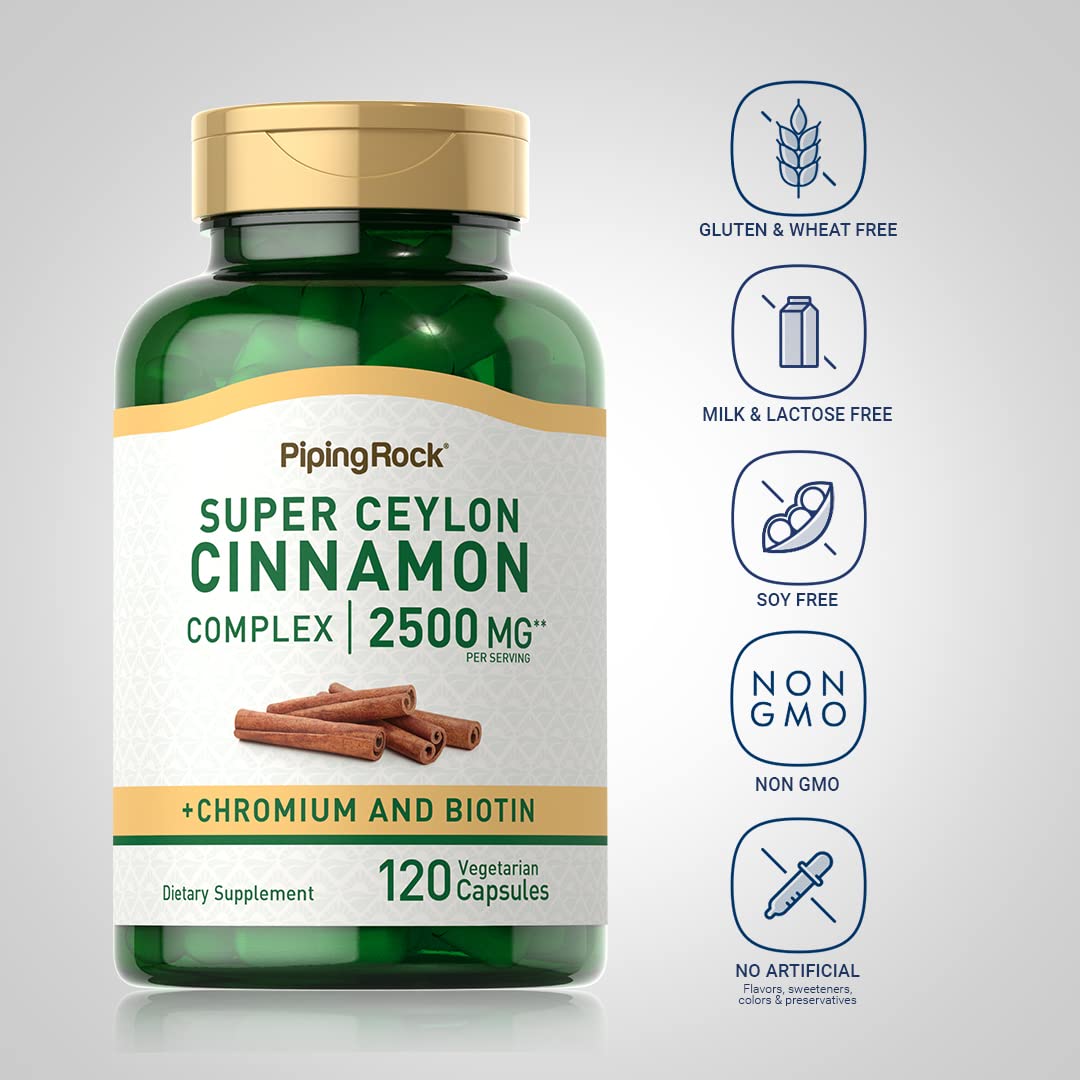 Piping Rock Ceylon Cinnamon capsules ingredients spotlight featuring chromium and biotin for a complete formula.
