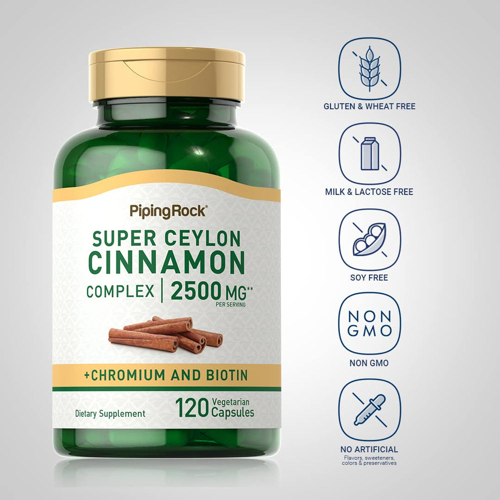 Piping Rock Ceylon Cinnamon capsules ingredients spotlight featuring chromium and biotin for a complete formula.