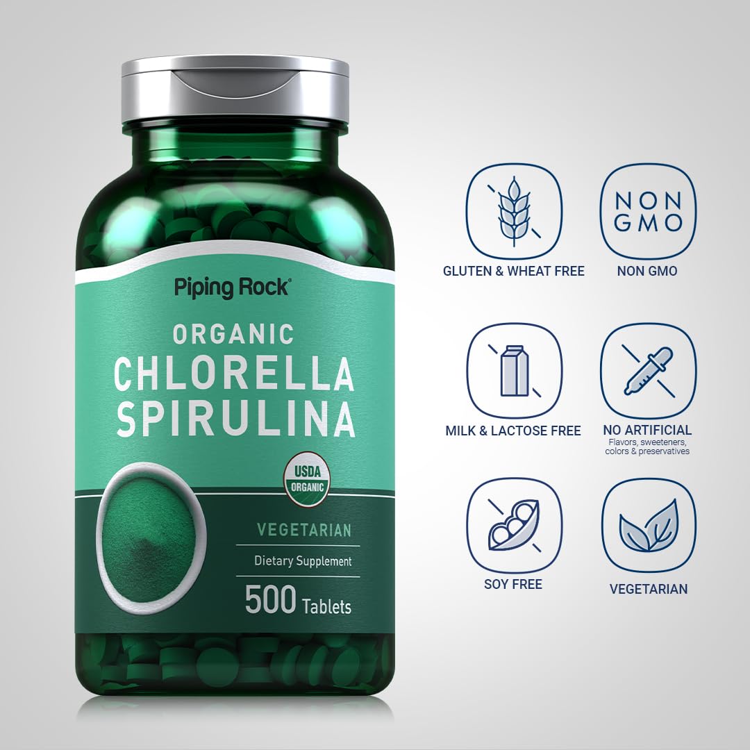 Piping Rock Chlorella Spirulina sin organismos modificados genéticamente para apoyo nutricional