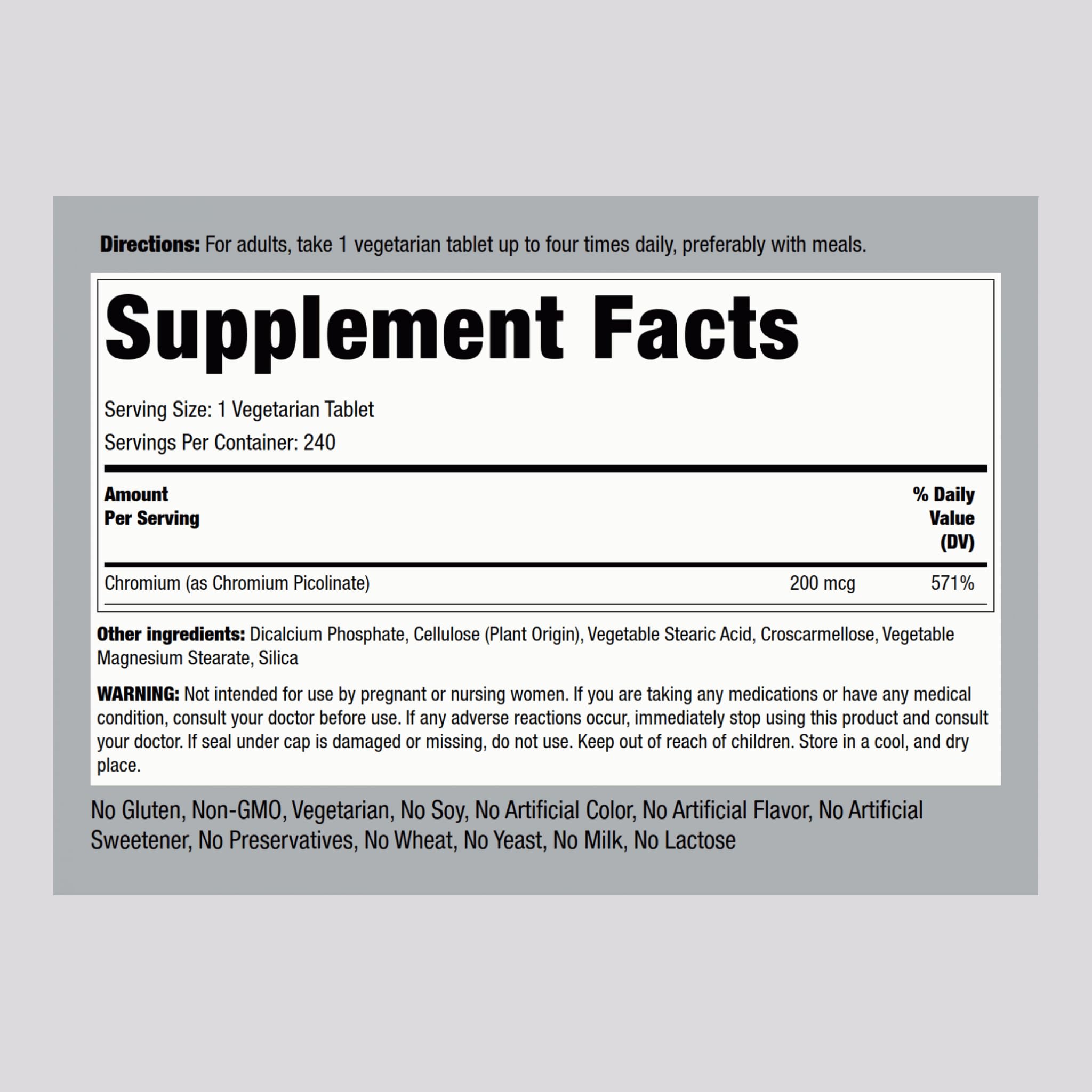 Piping Rock Chromium Picolinate 200 mcg bottle back view with dosage information
