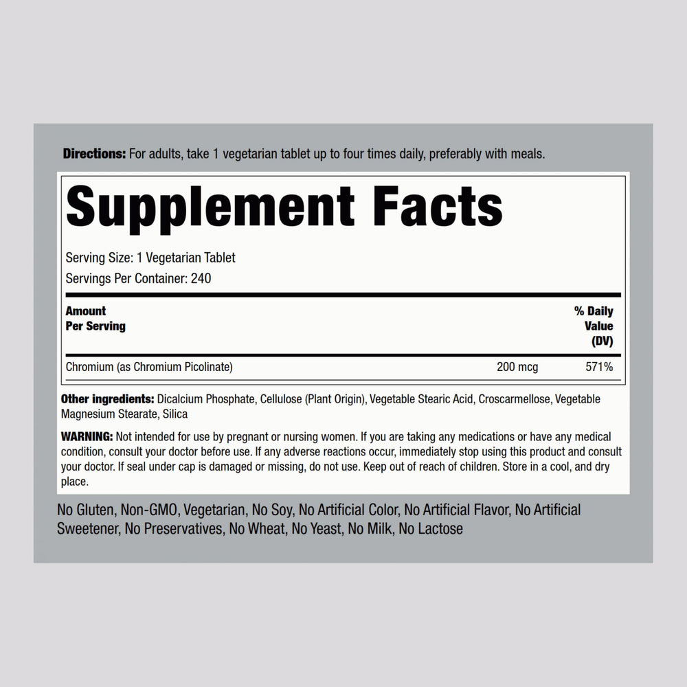 Piping Rock Chromium Picolinate 200 mcg bottle back view with dosage information