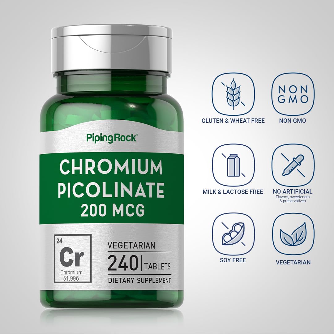 Piping Rock Chromium Picolinate 200 mcg label closeup, therapeutic grade mineral