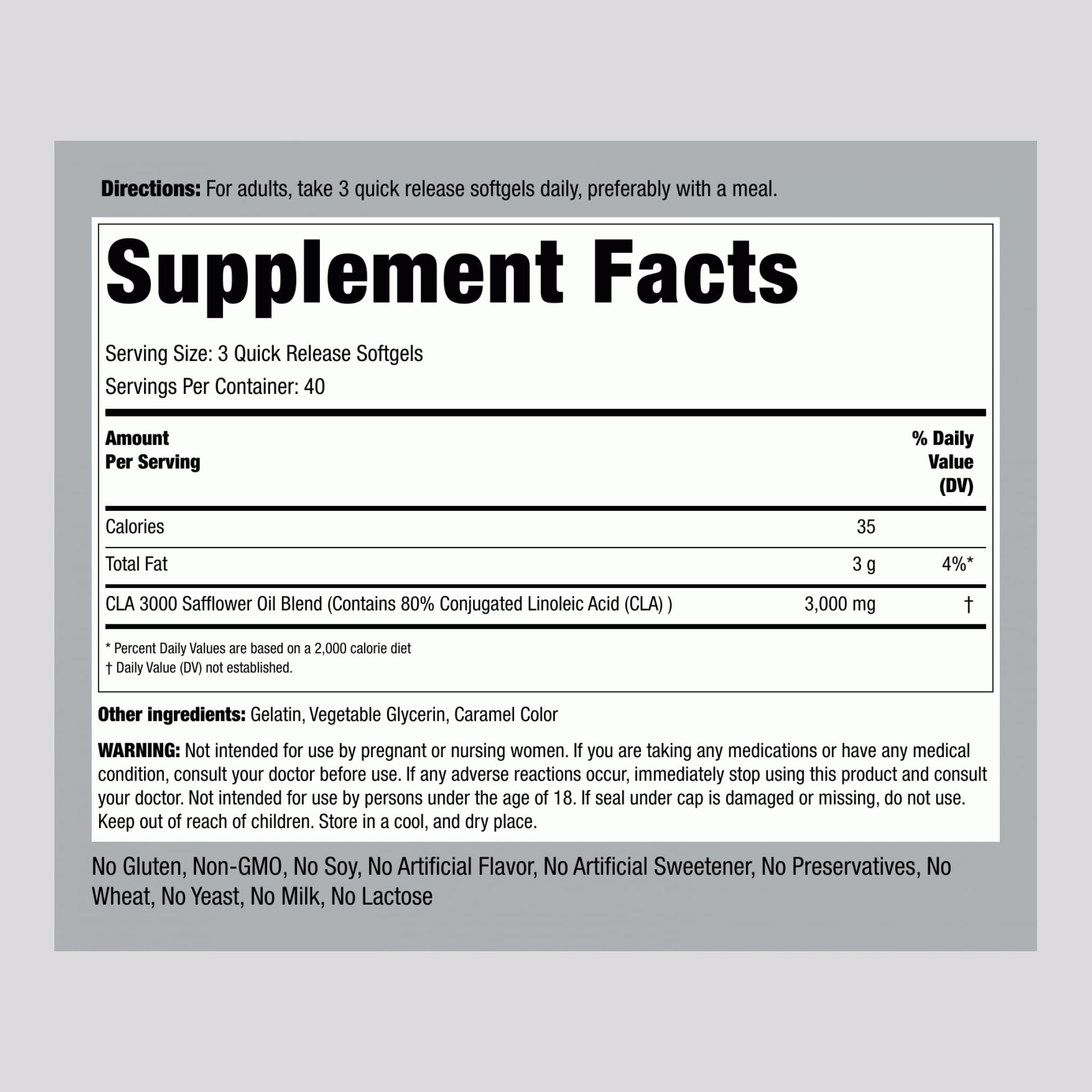Piping Rock CLA bottle close-up showcasing label and 3000 mg.