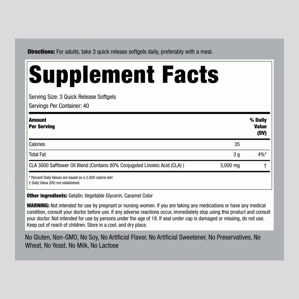 Piping Rock CLA bottle close-up showcasing label and 3000 mg.