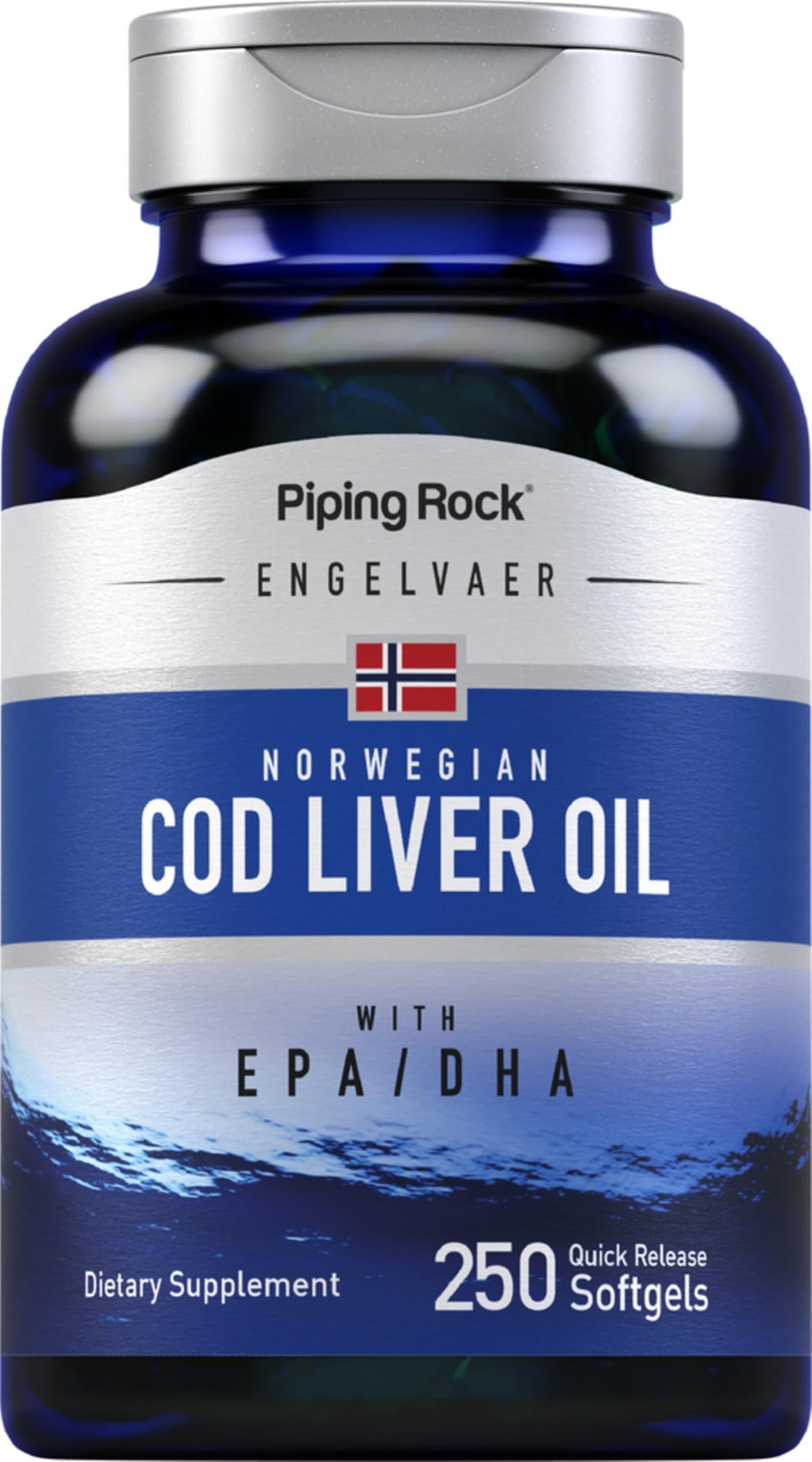 Piping Rock cod liver oil softgels bottle on shelf for daily omega-3 support.