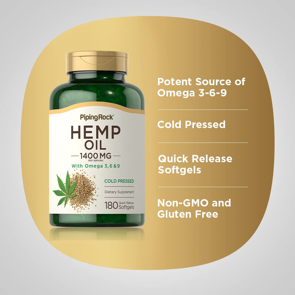 Piping Rock cold-pressed hemp oil visual conveys natural processing and purity.