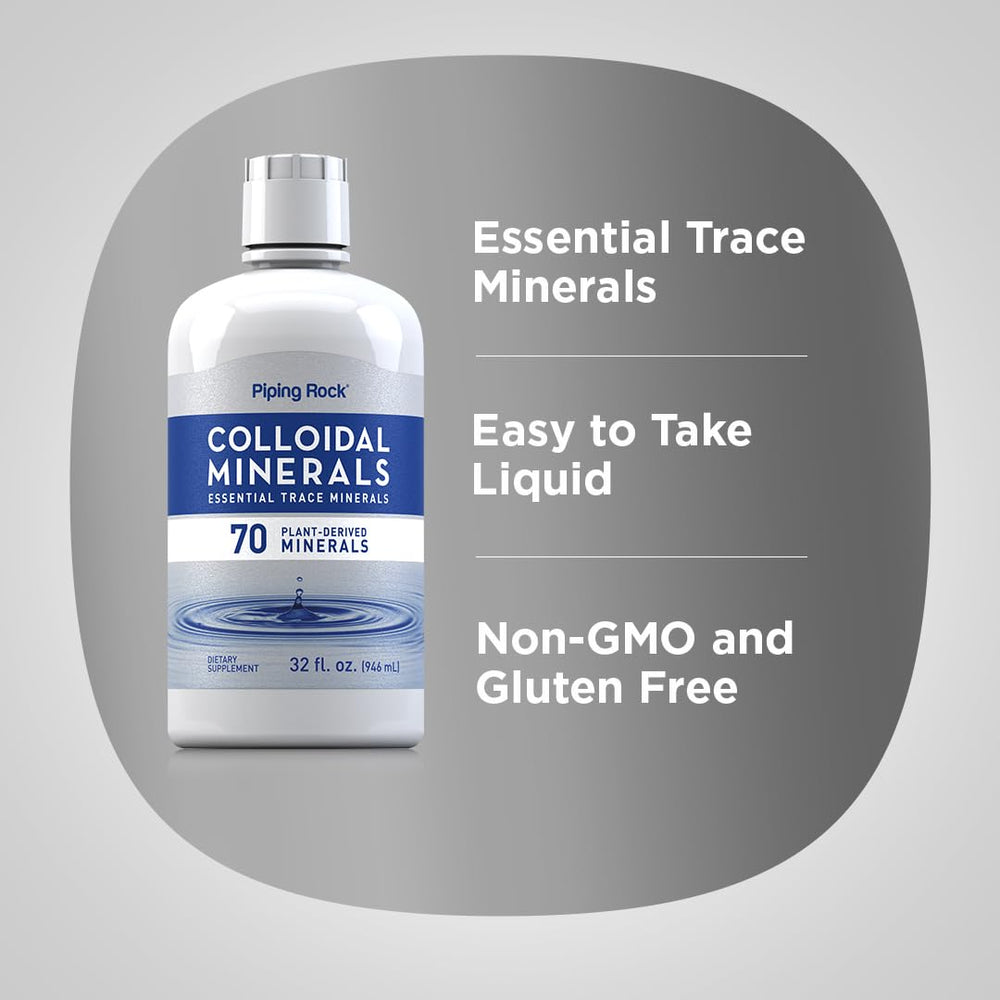 Piping Rock Colloidal Minerals Liquid drops closeup conveys purity and plant-derived minerals.