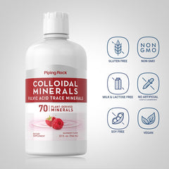 Close-up of Piping Rock Colloidal Minerals label highlighting non-GMO and gluten-free status.