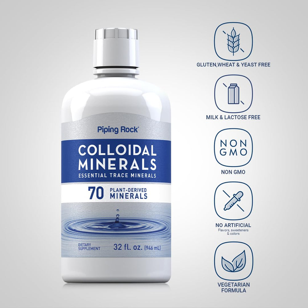 Piping Rock Colloidal Minerals Liquid label details emphasize lab-tested quality and gluten-free status.