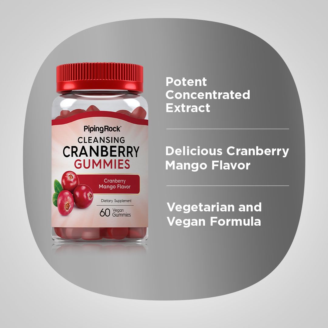 Piping Rock Cranberry Gummies label highlighting non-GMO and gluten-free formula