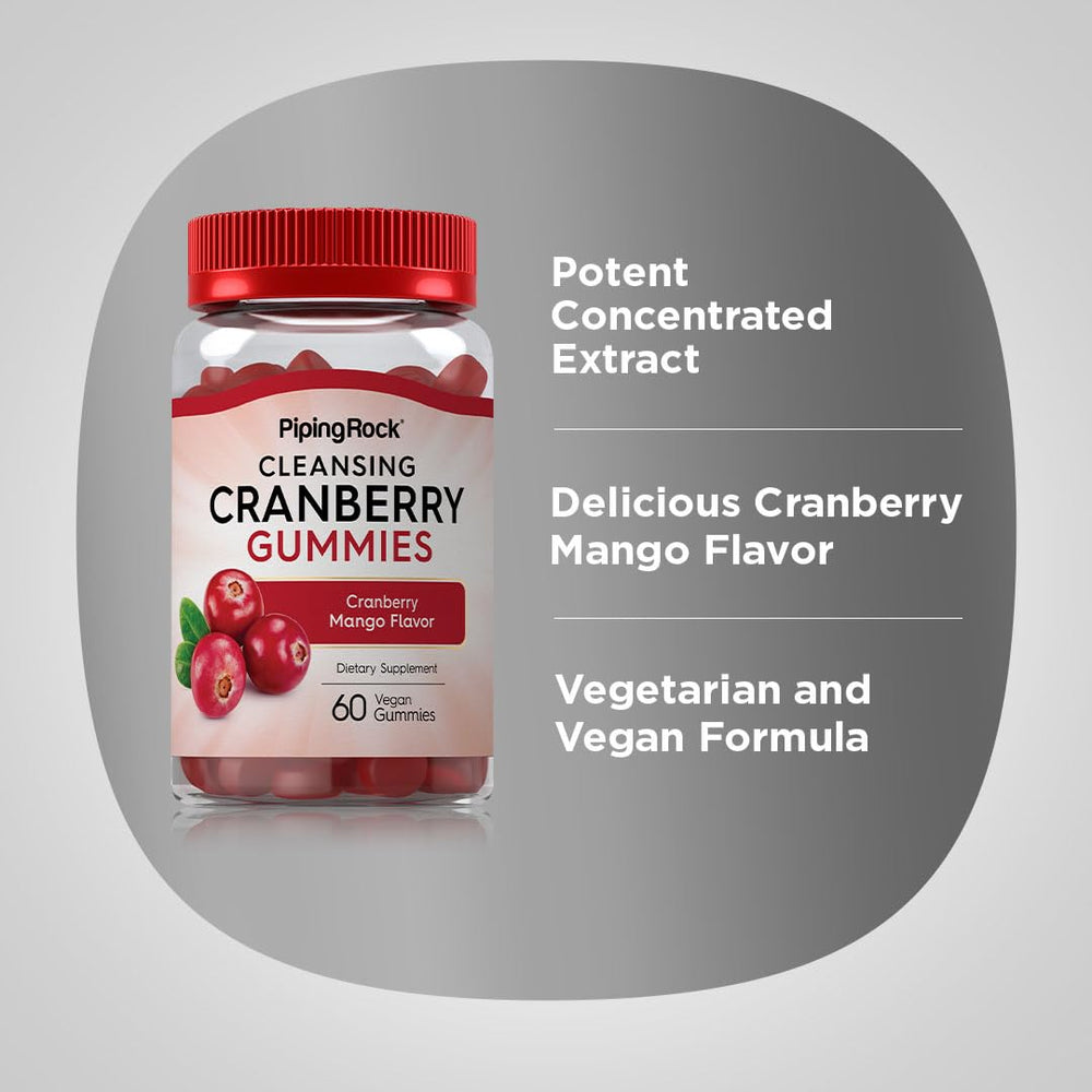 Piping Rock Cranberry Gummies label highlighting non-GMO and gluten-free formula