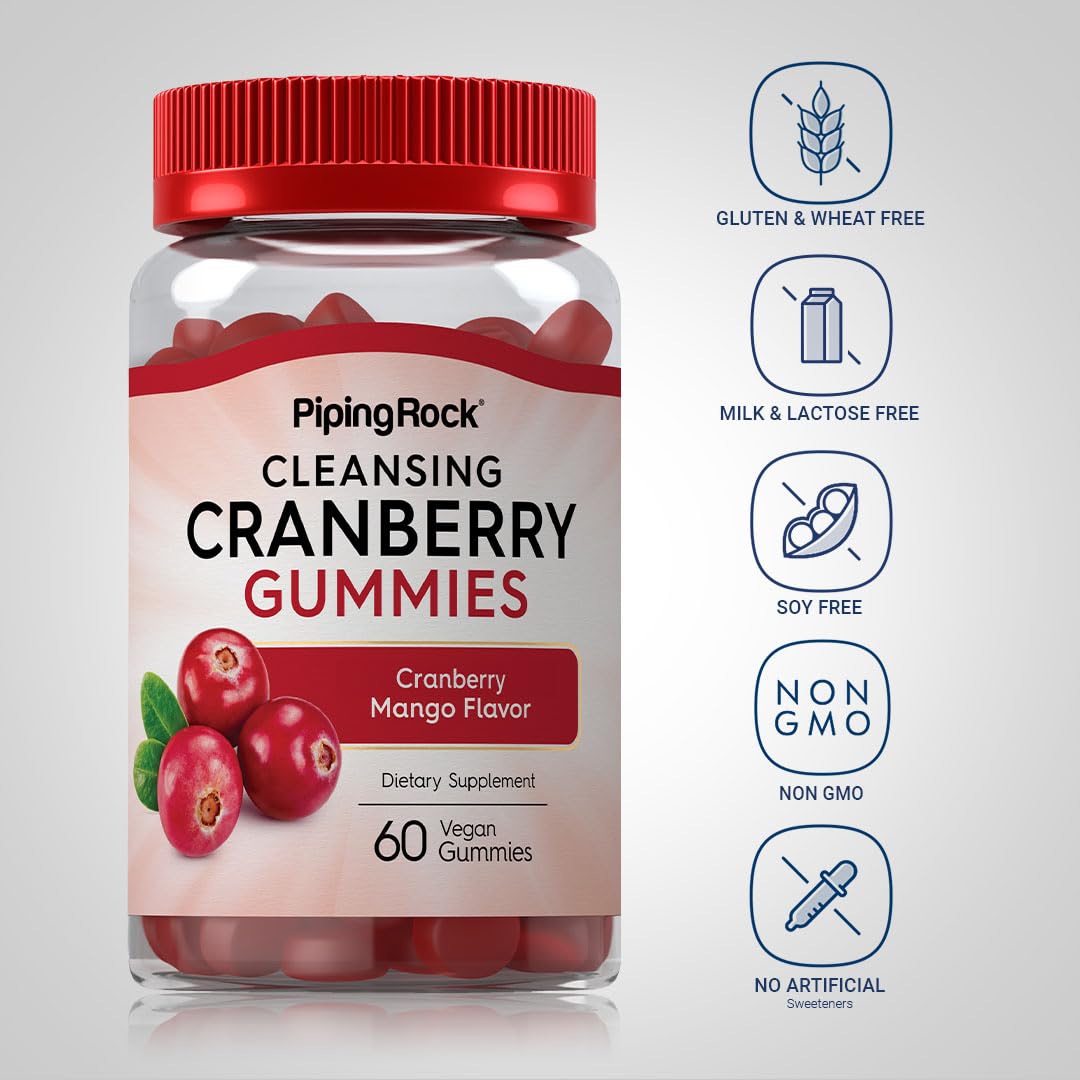 Piping Rock Cranberry Mango flavored gummies close-up showing fruity taste
