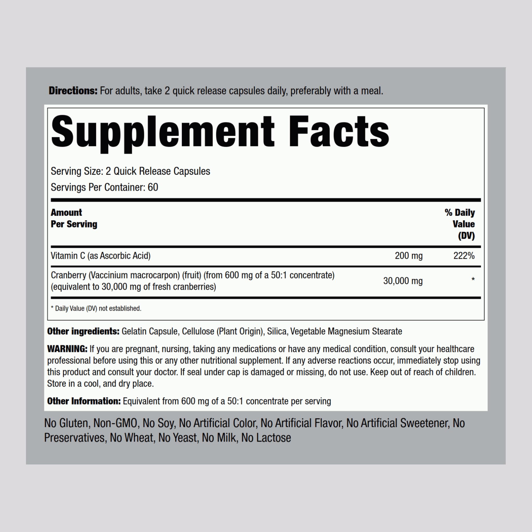 Piping Rock Cranberry Pills bottle closeup highlights quick-release capsules for easy swallowing.