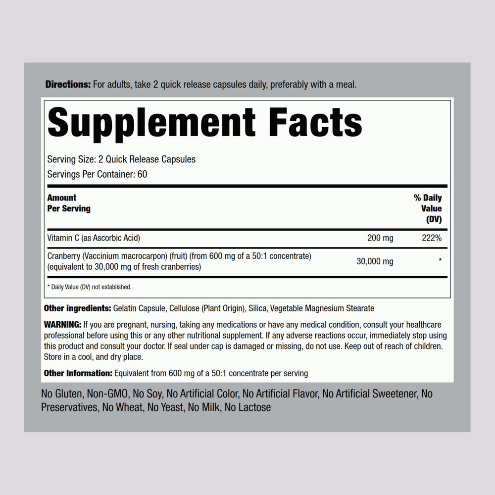 Piping Rock Cranberry Pills bottle closeup highlights quick-release capsules for easy swallowing.