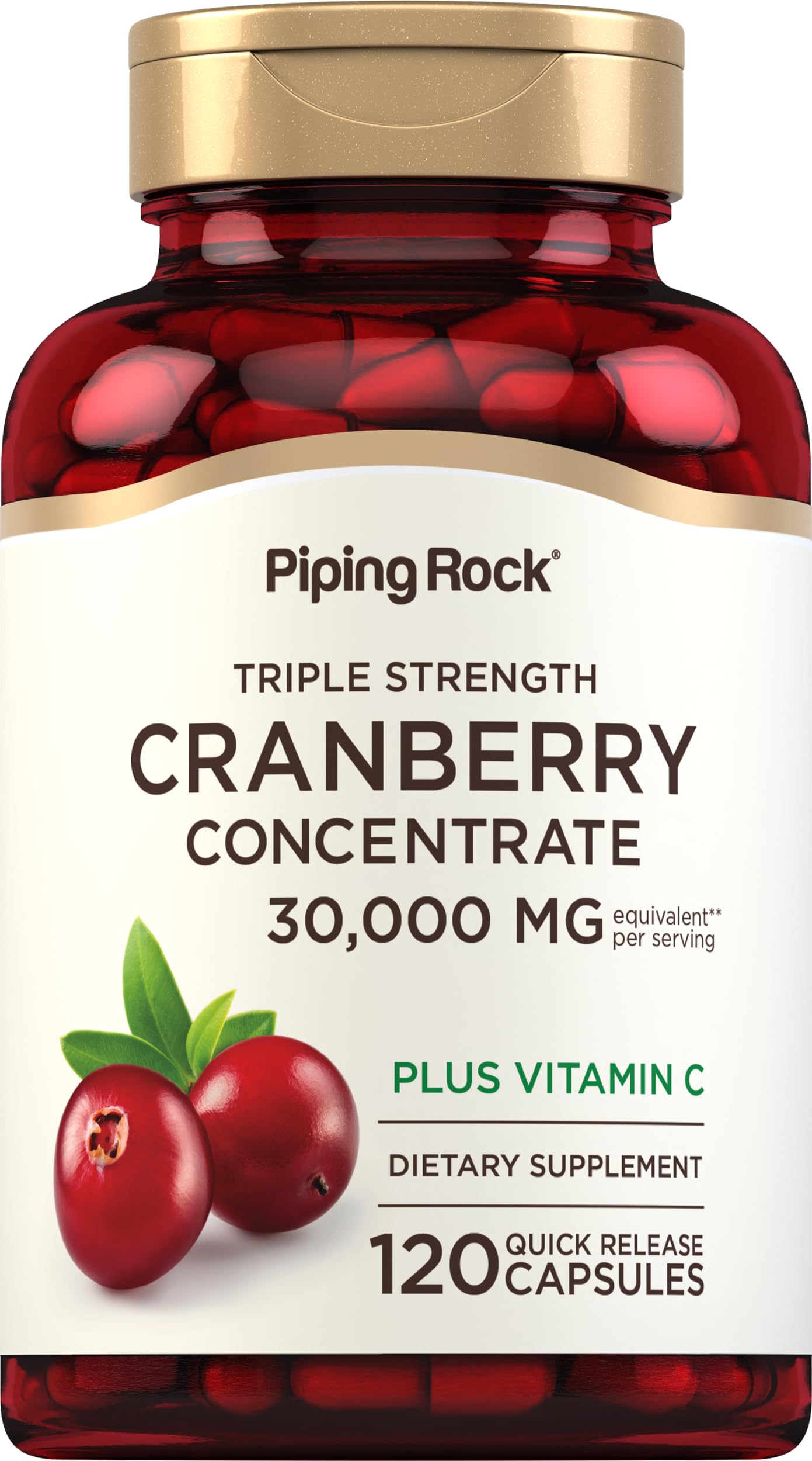Piping Rock Cranberry Pills bottle front shows triple-strength cranberry extract for daily use.