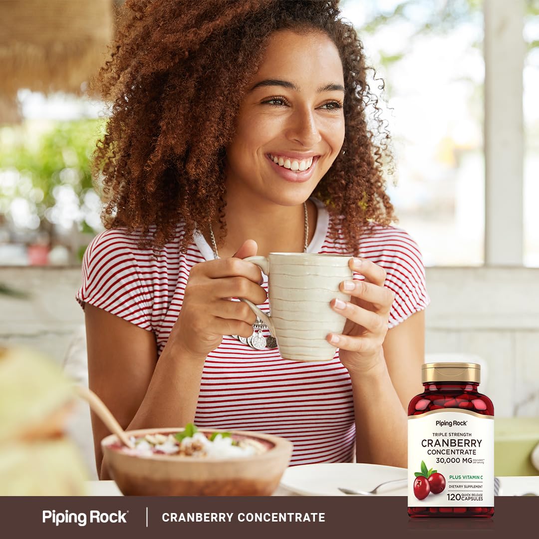 Piping Rock Cranberry Pills packaging with safety seal indicates laboratory-tested quality.
