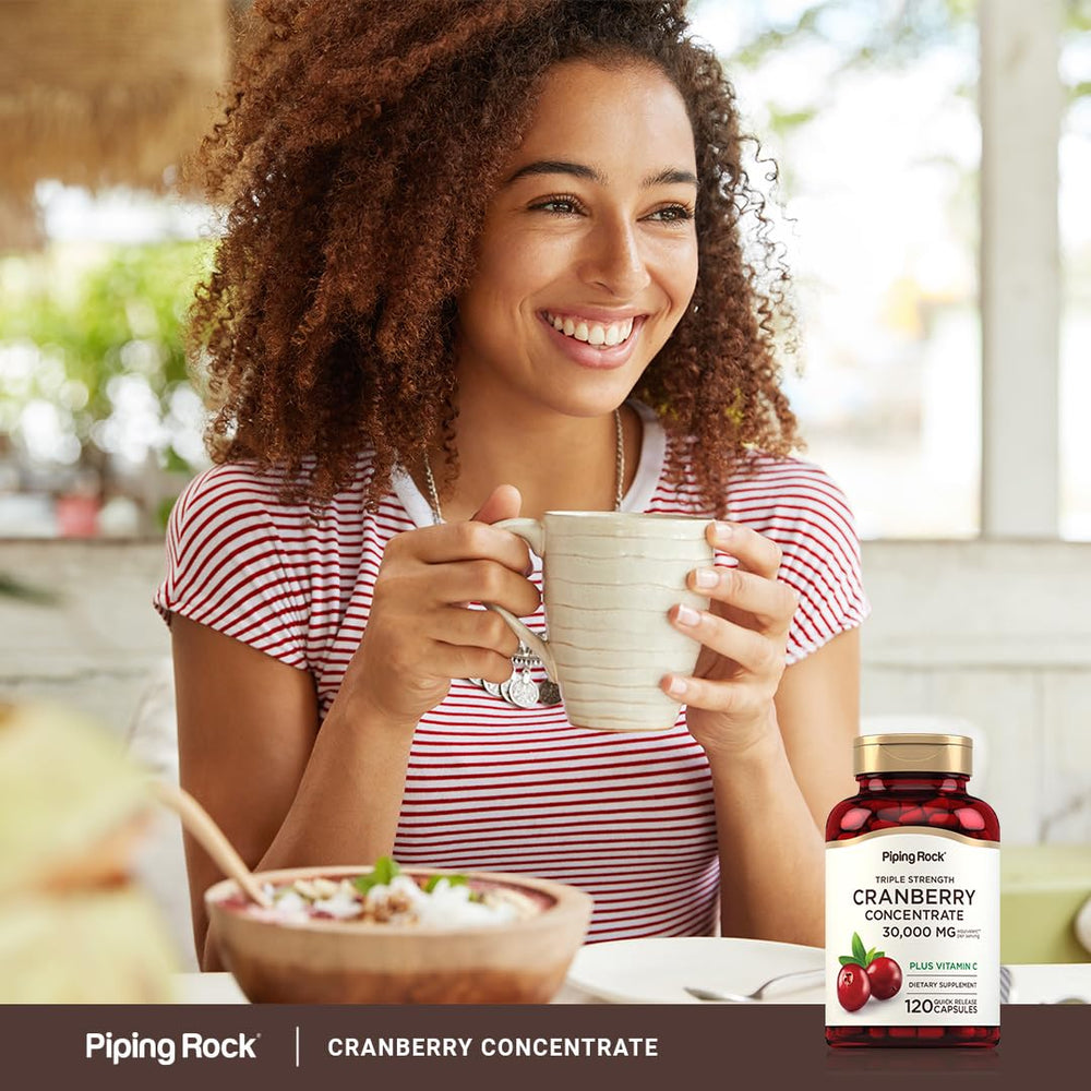 Piping Rock Cranberry Pills packaging with safety seal indicates laboratory-tested quality.