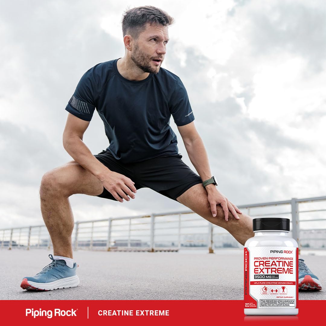 Piping Rock creatine monohydrate capsules on shelf display indicates quality.