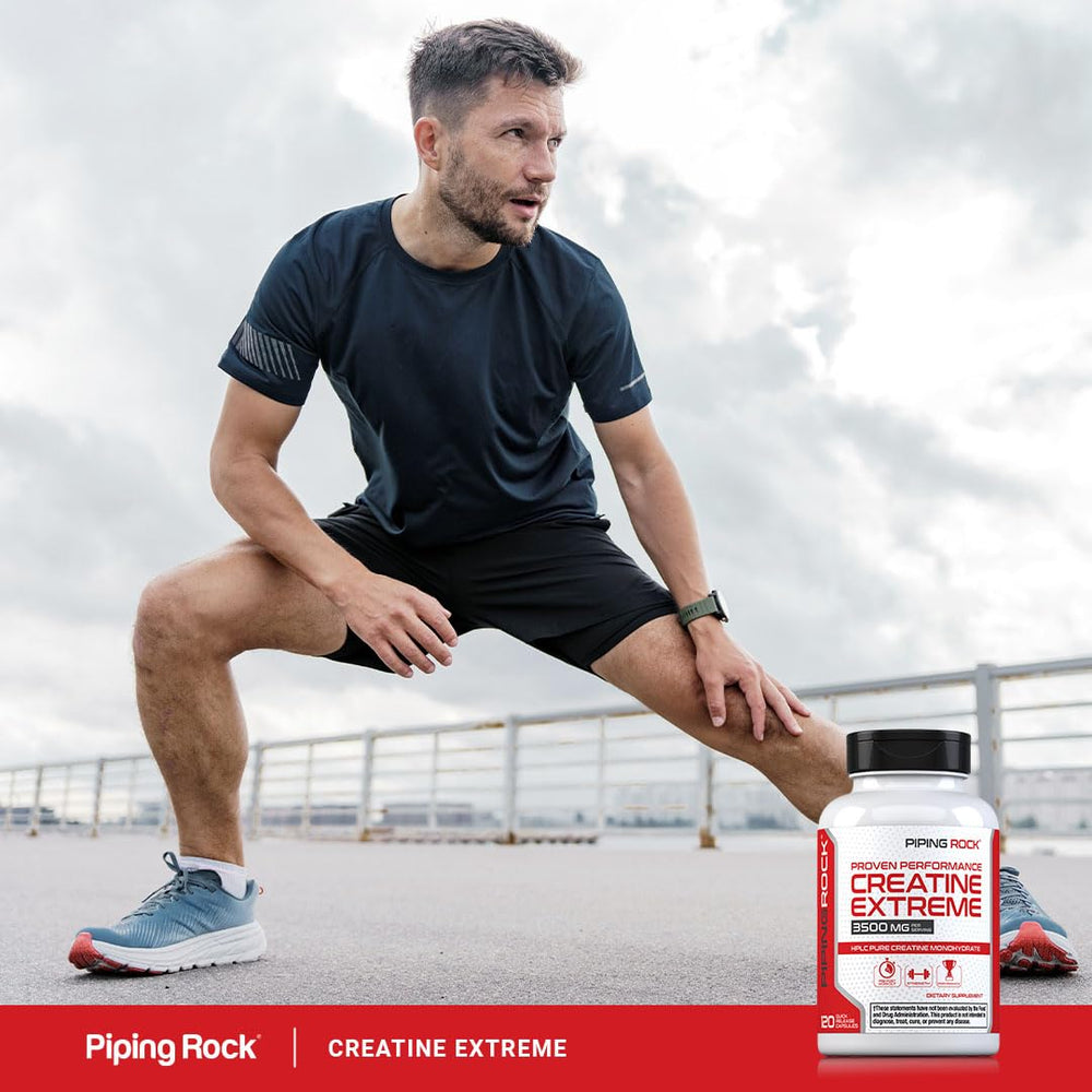 Piping Rock creatine monohydrate capsules on shelf display indicates quality.