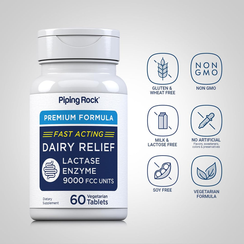 Piping Rock Dairy Relief label view emphasizes purity and safety.