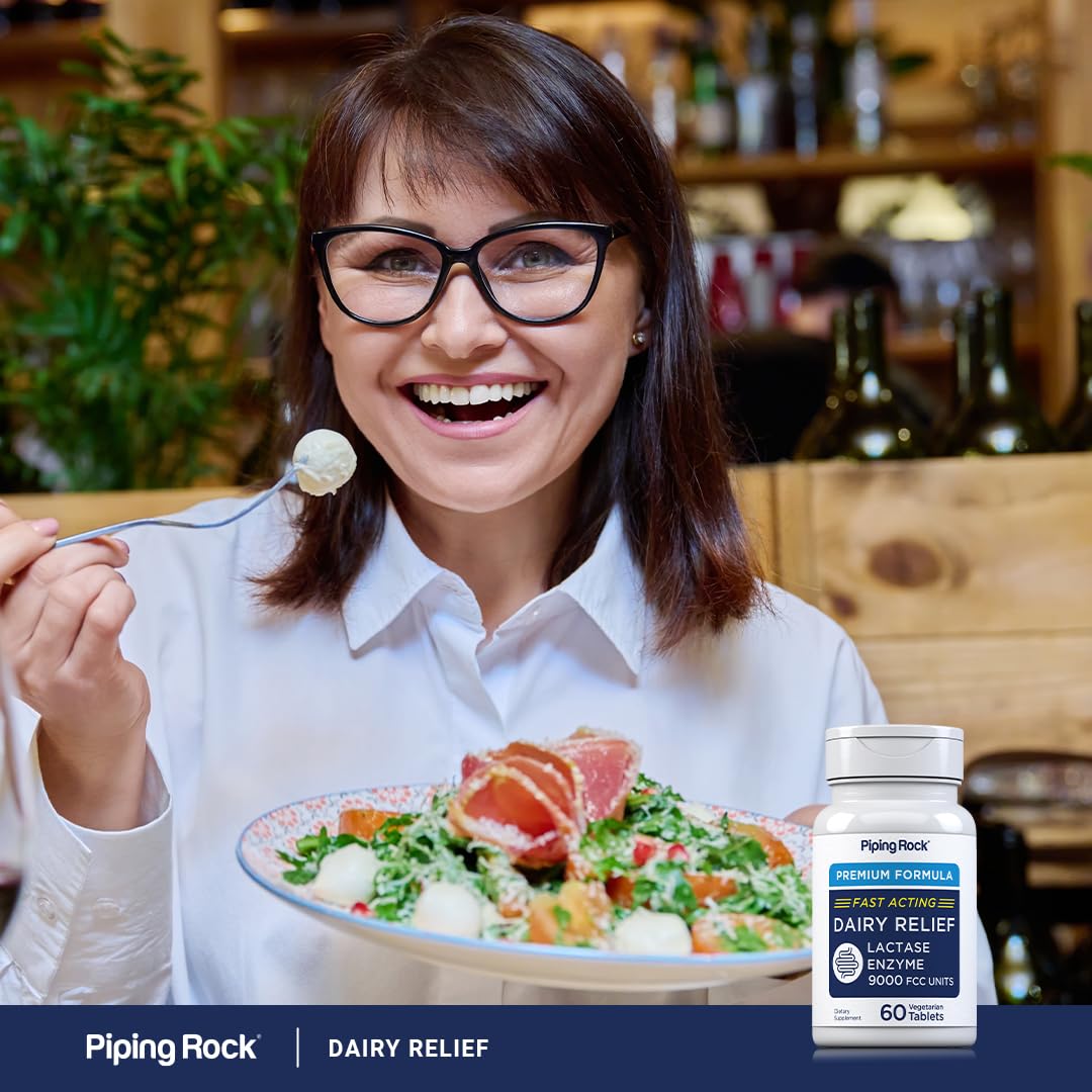 Piping Rock Dairy Relief product on-the-go scene suggests convenient use.