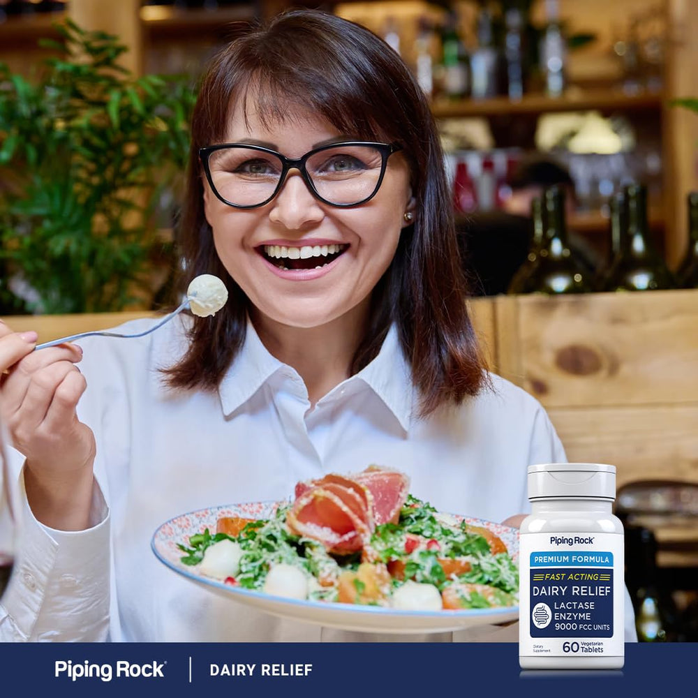 Piping Rock Dairy Relief product on-the-go scene suggests convenient use.