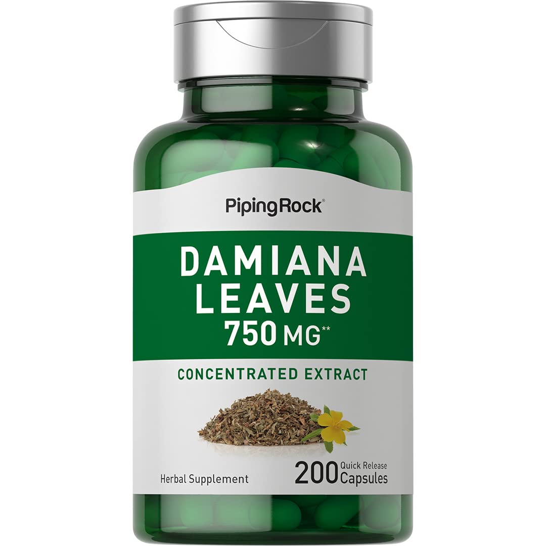 Piping Rock Damiana Leaf Capsules bottle showing daily wellness 750 mg capsules