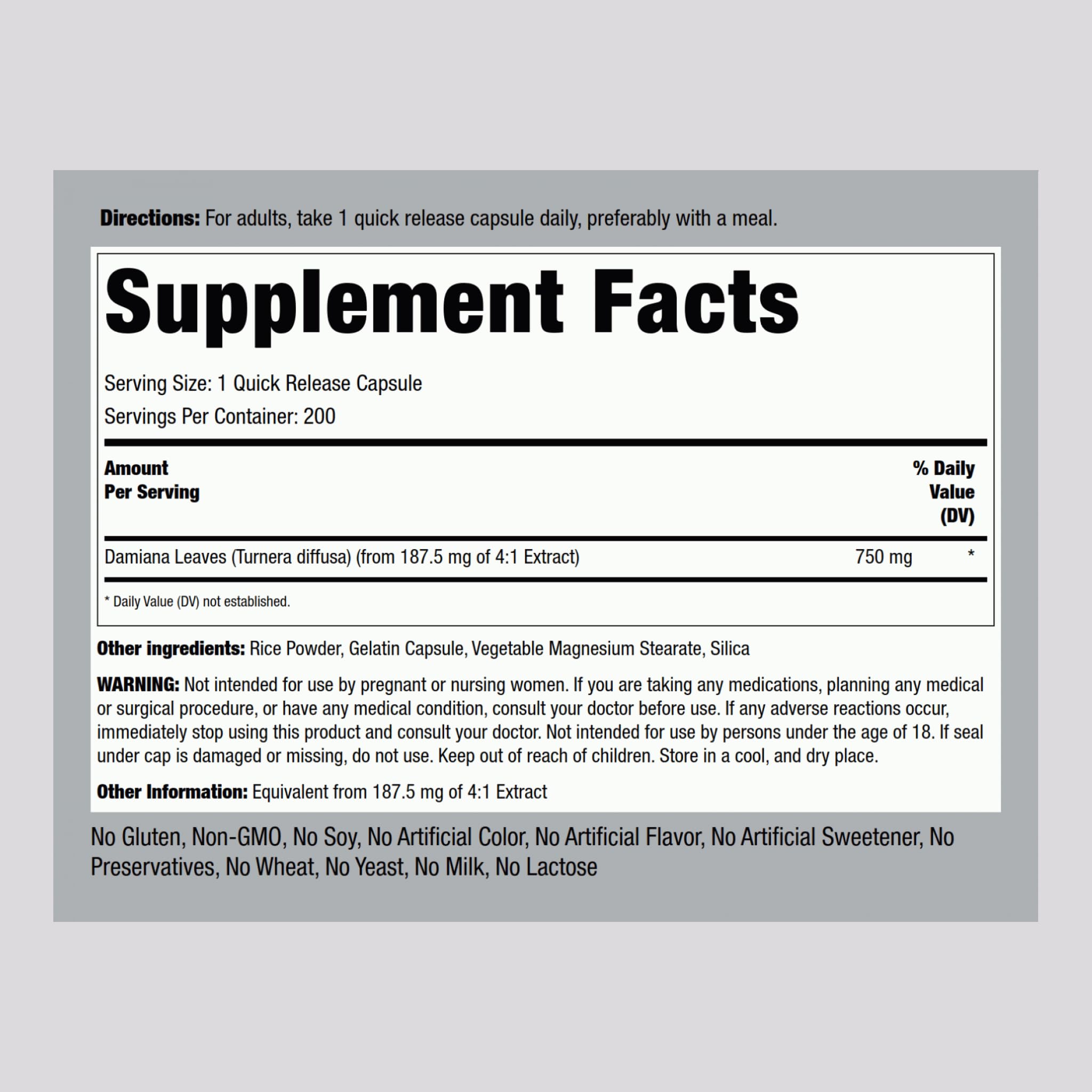 Piping Rock Damiana Leaf Capsules packaging highlighting non-GMO and gluten-free features