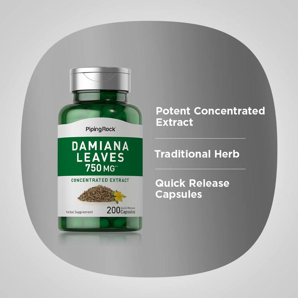 Piping Rock Damiana Leaf Capsules pouring out capsules for easy daily serving