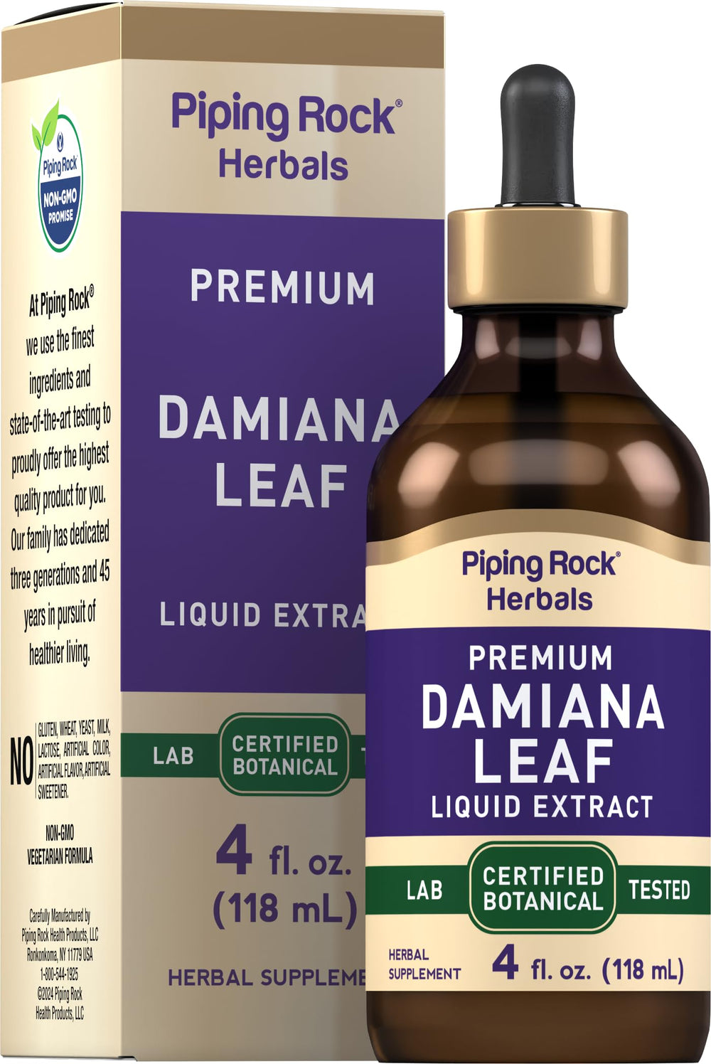 Piping Rock Damiana tincture bottle with dropper for convenient daily use.