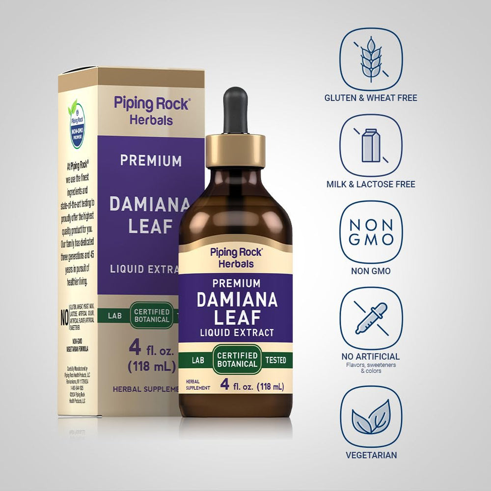 Piping Rock Damiana tincture bottle highlights purity and alcohol-free formula.
