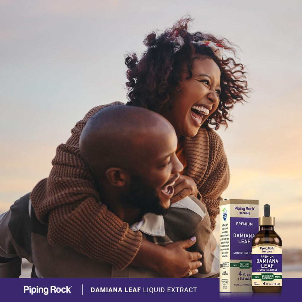 Piping Rock Damiana tincture bottle with dropper supports precise dosing for adults.