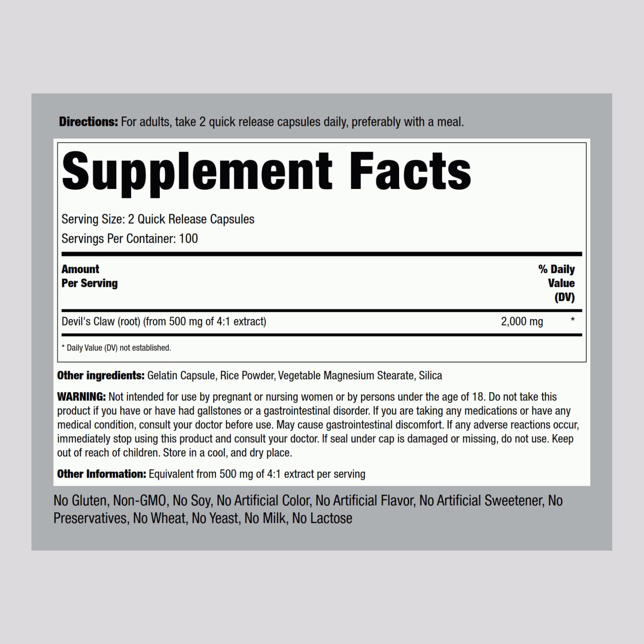 Piping Rock Devils Claw 2000mg capsules close-up showing quick-release design.