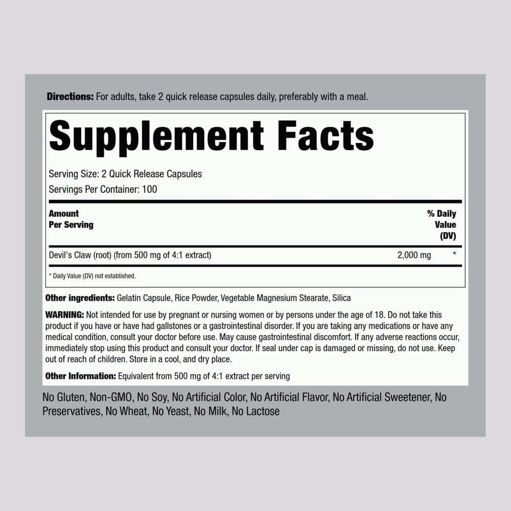 Piping Rock Devils Claw 2000mg capsules close-up showing quick-release design.