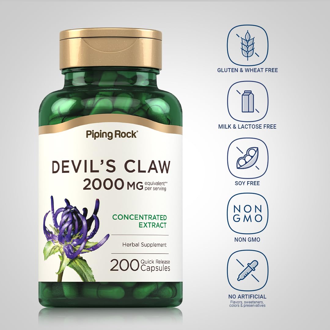 Piping Rock Devils Claw 2000mg label front with Non-GMO and Gluten Free badges.