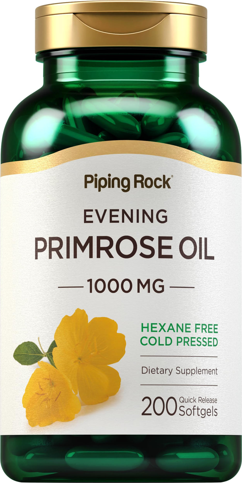 Piping Rock Evening Primrose Oil Softgels bottle shows 1000mg capsules for daily wellness