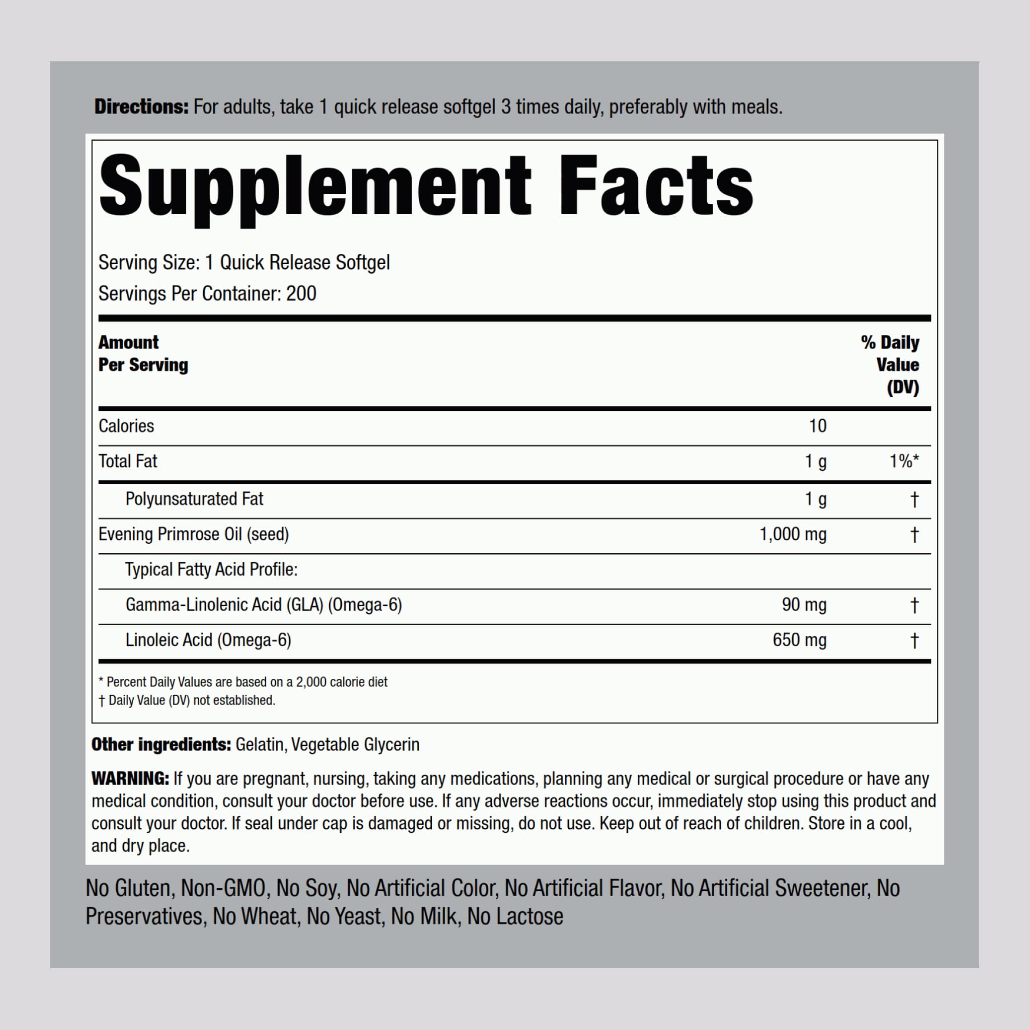 Piping Rock Evening Primrose Oil Softgels 200-pill count for long-term convenience