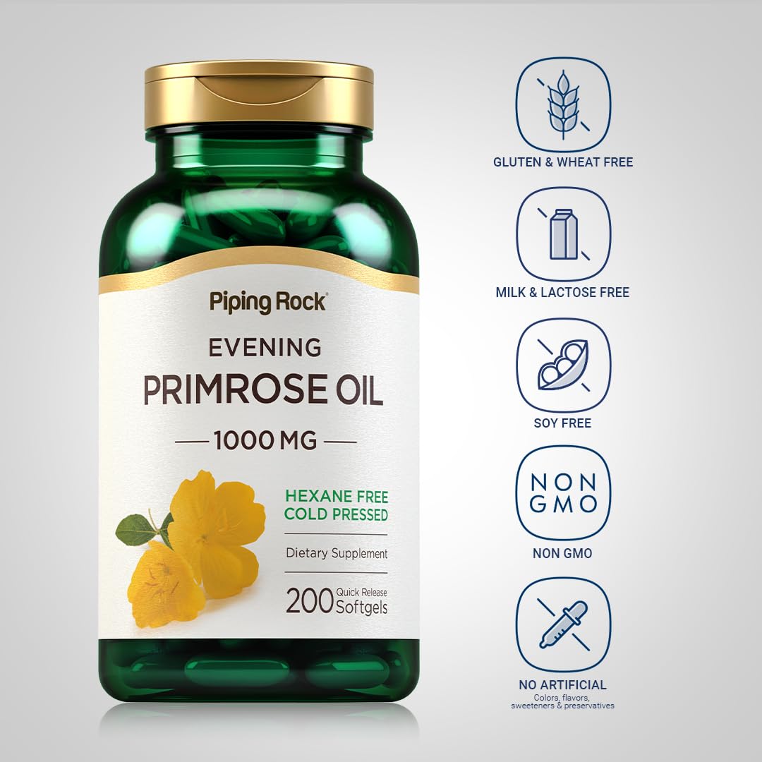 Piping Rock Evening Primrose Oil Softgels label closeup highlights cold-pressed extraction