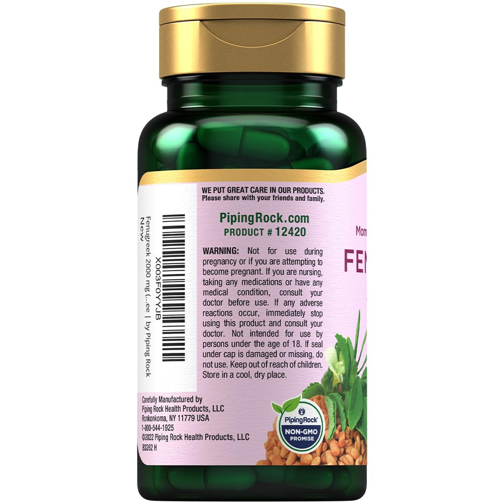 Piping Rock Fenugreek Capsules bottle back, clear ingredient details.