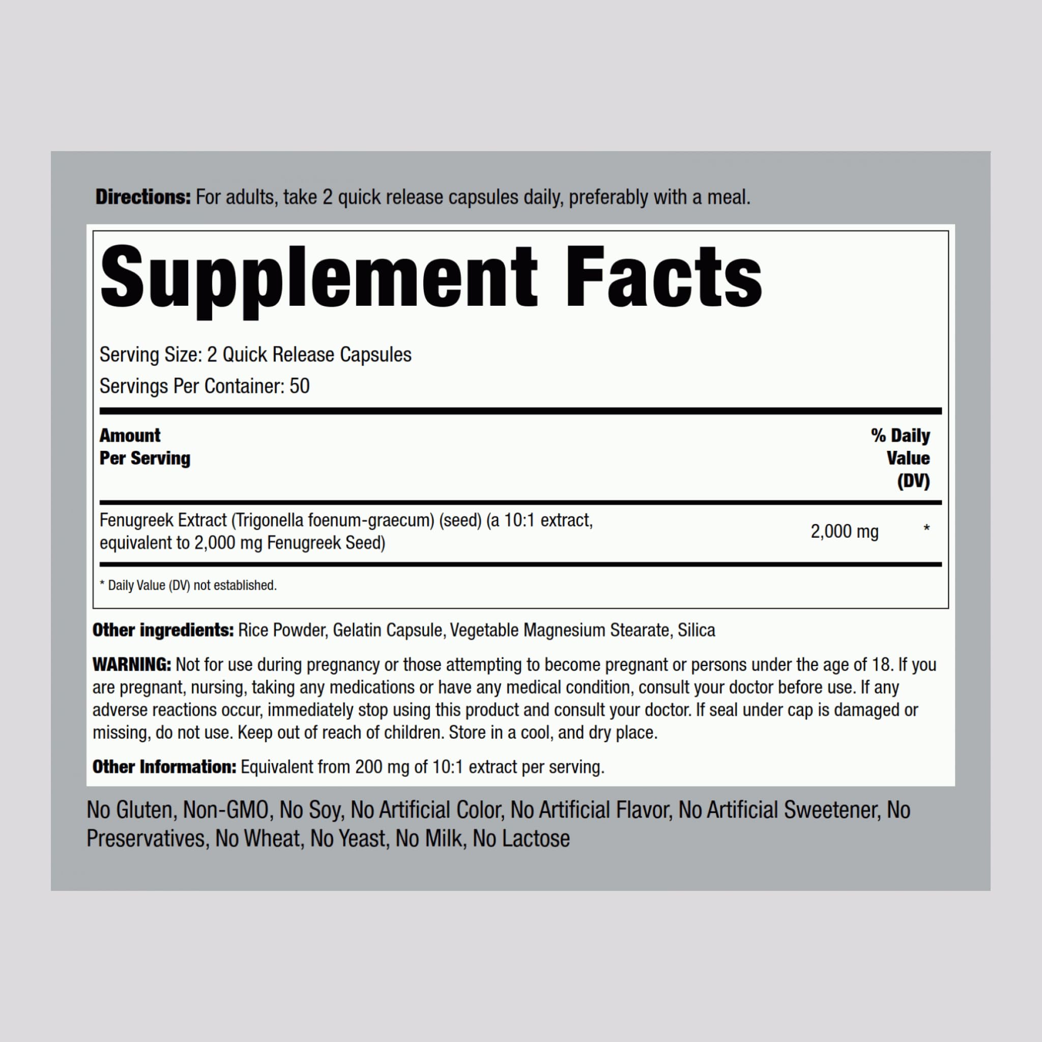 Close-up of Piping Rock Fenugreek Concentrated Seed Extract indicating potency.