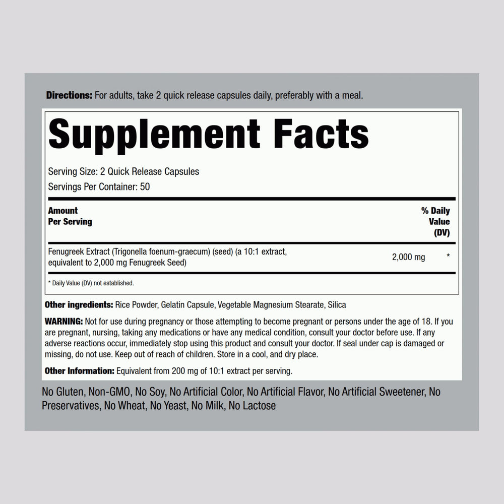 Close-up of Piping Rock Fenugreek Concentrated Seed Extract indicating potency.