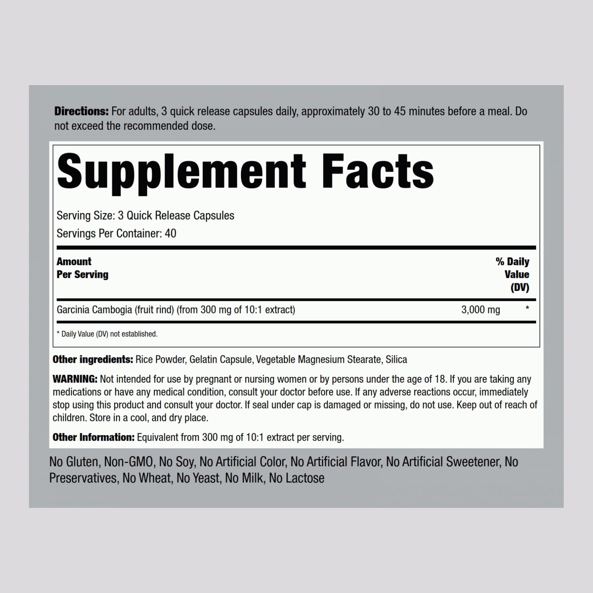 Piping Rock Garcinia Cambogia label close-up highlighting potency and ingredients.