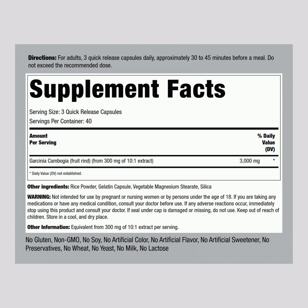 Piping Rock Garcinia Cambogia label close-up highlighting potency and ingredients.