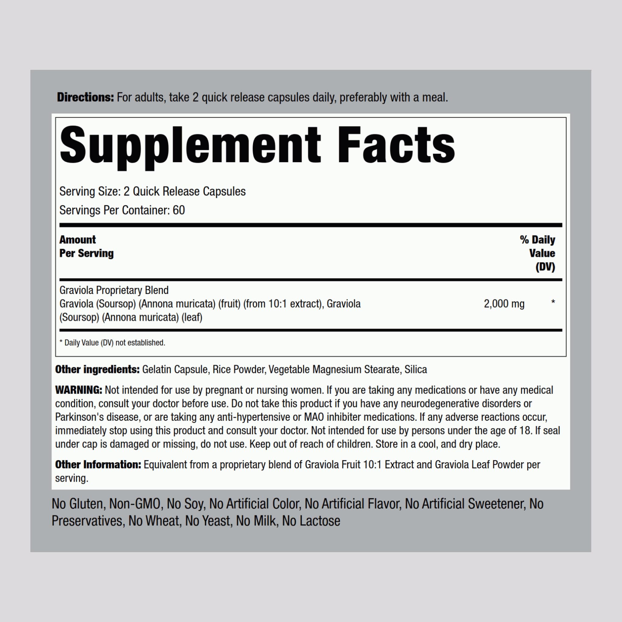 Piping Rock Graviola capsules bottle back label with dosage and ingredients visible.